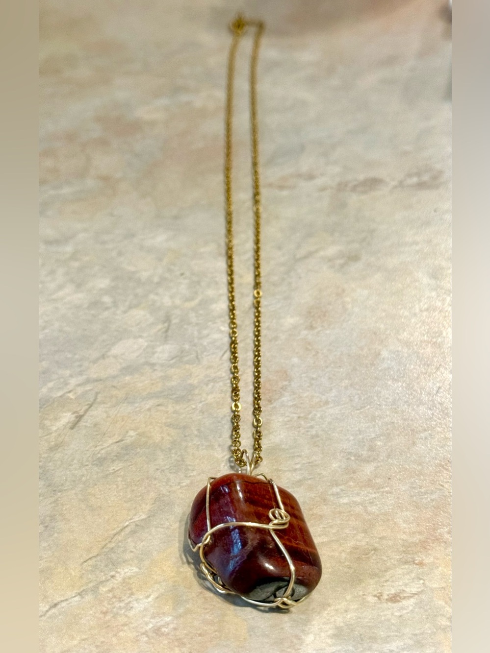 Gold Chain Necklace with Red Tiger Eye Wire-Wrapped Pendant